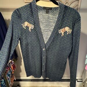 J Crew Mens-y Cardigan Sweater with Tiger Patch Navy G7739 Size S